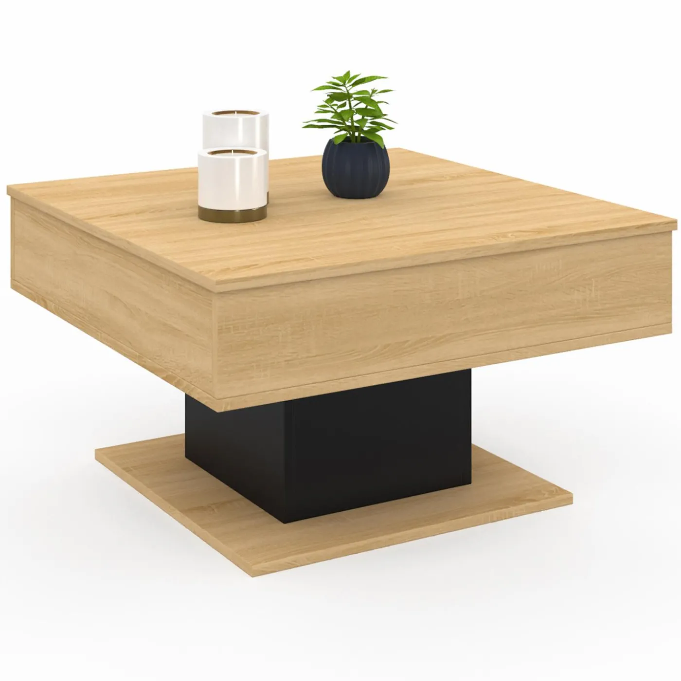 Table basse carrée bois et noir avec plateau relevable