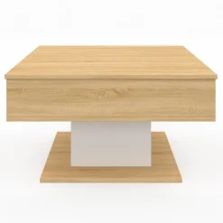 Table basse carrée bois et blanc avec plateau relevable