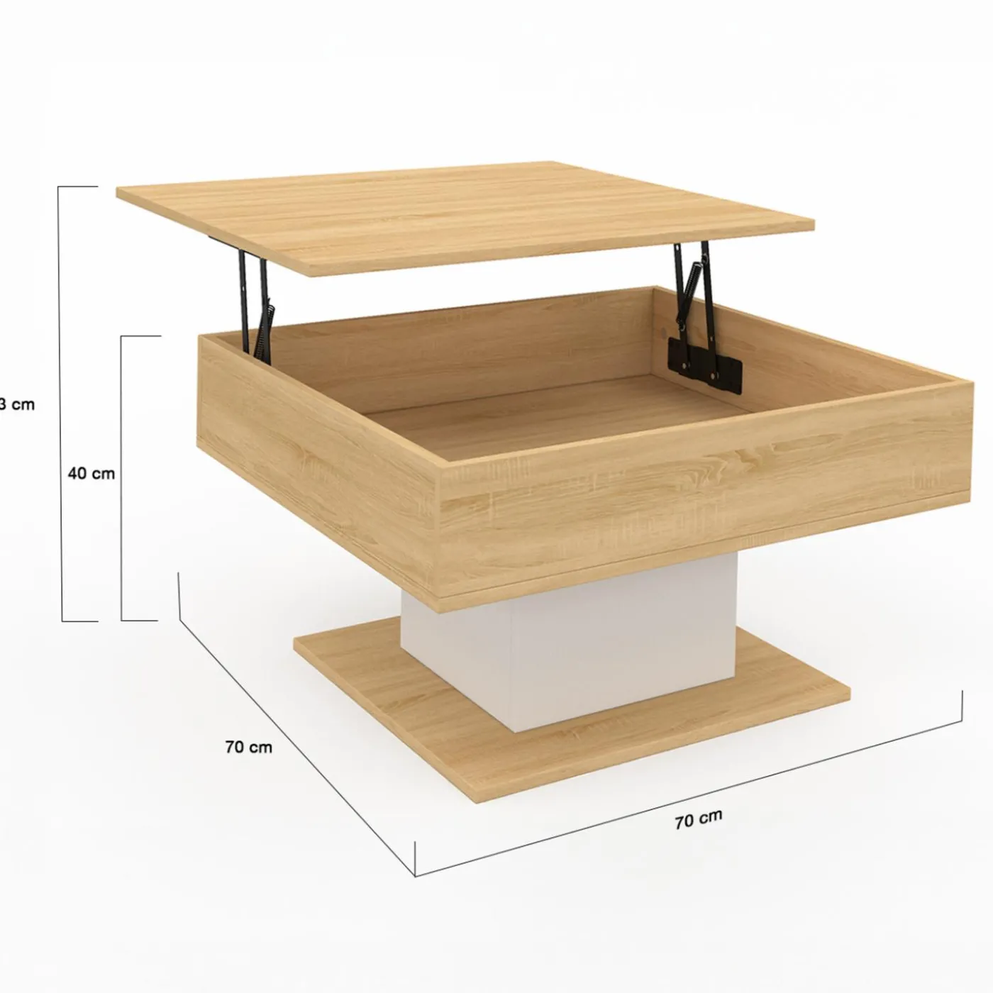 Table basse carrée bois et blanc avec plateau relevable