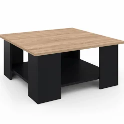 Table basse carrée noire avec plateau imitation hêtre