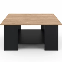 Table basse carrée noire avec plateau imitation hêtre