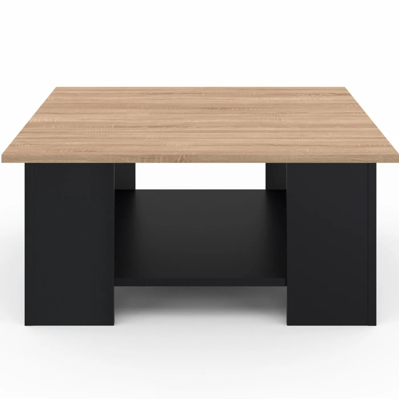 Table basse carrée noire avec plateau imitation hêtre