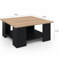 Table basse carrée noire avec plateau imitation hêtre