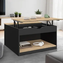 Table basse carrée noire avec plateau relevable et coffre bois