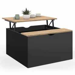Table basse carrée noire avec plateau relevable et coffre bois