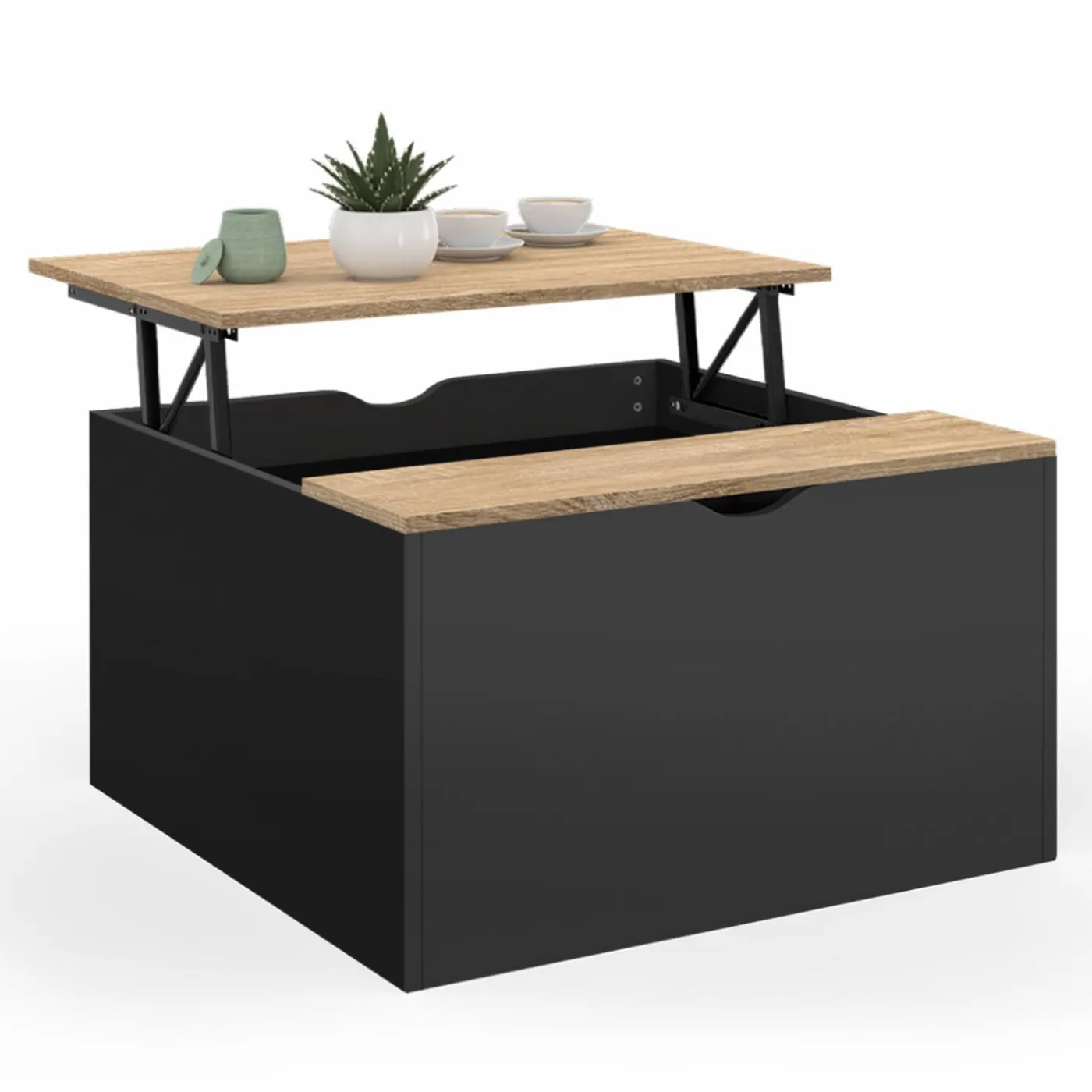 Table basse carrée noire avec plateau relevable et coffre bois