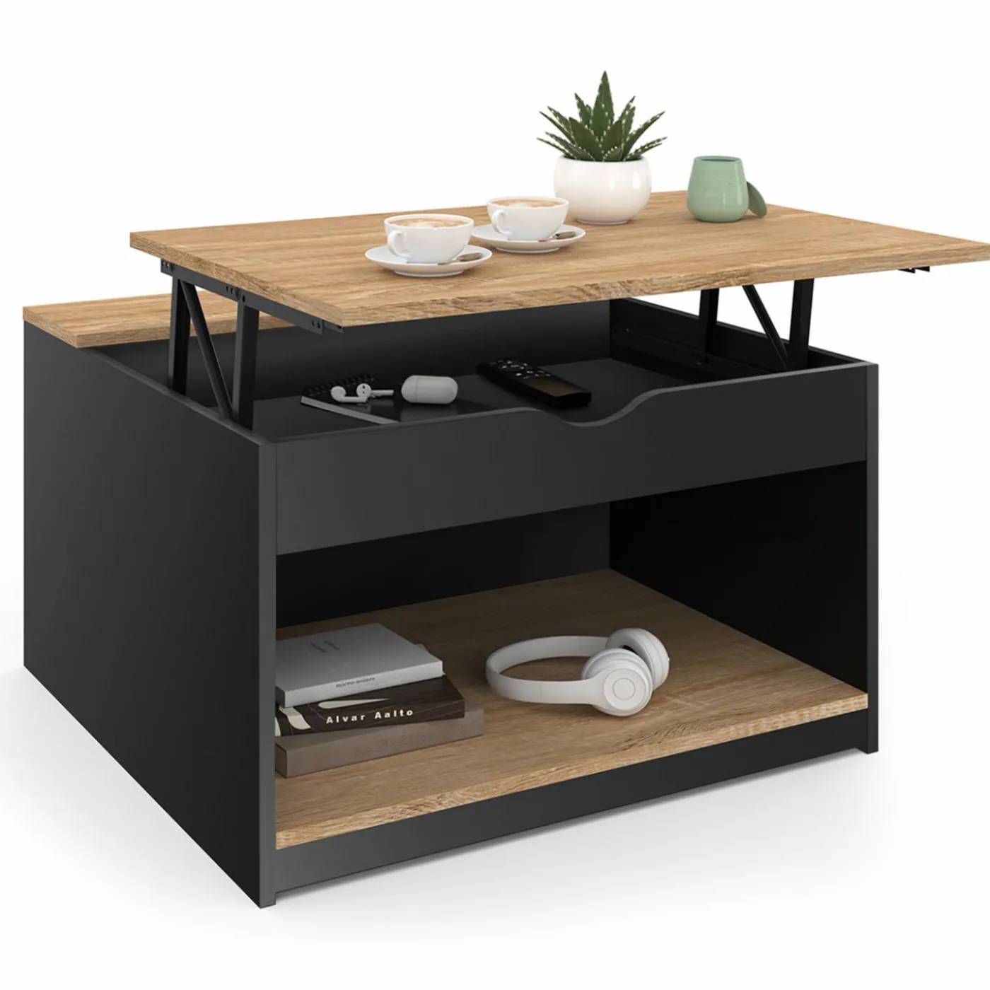 Table basse carrée noire avec plateau relevable et coffre bois