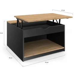 Table basse carrée noire avec plateau relevable et coffre bois