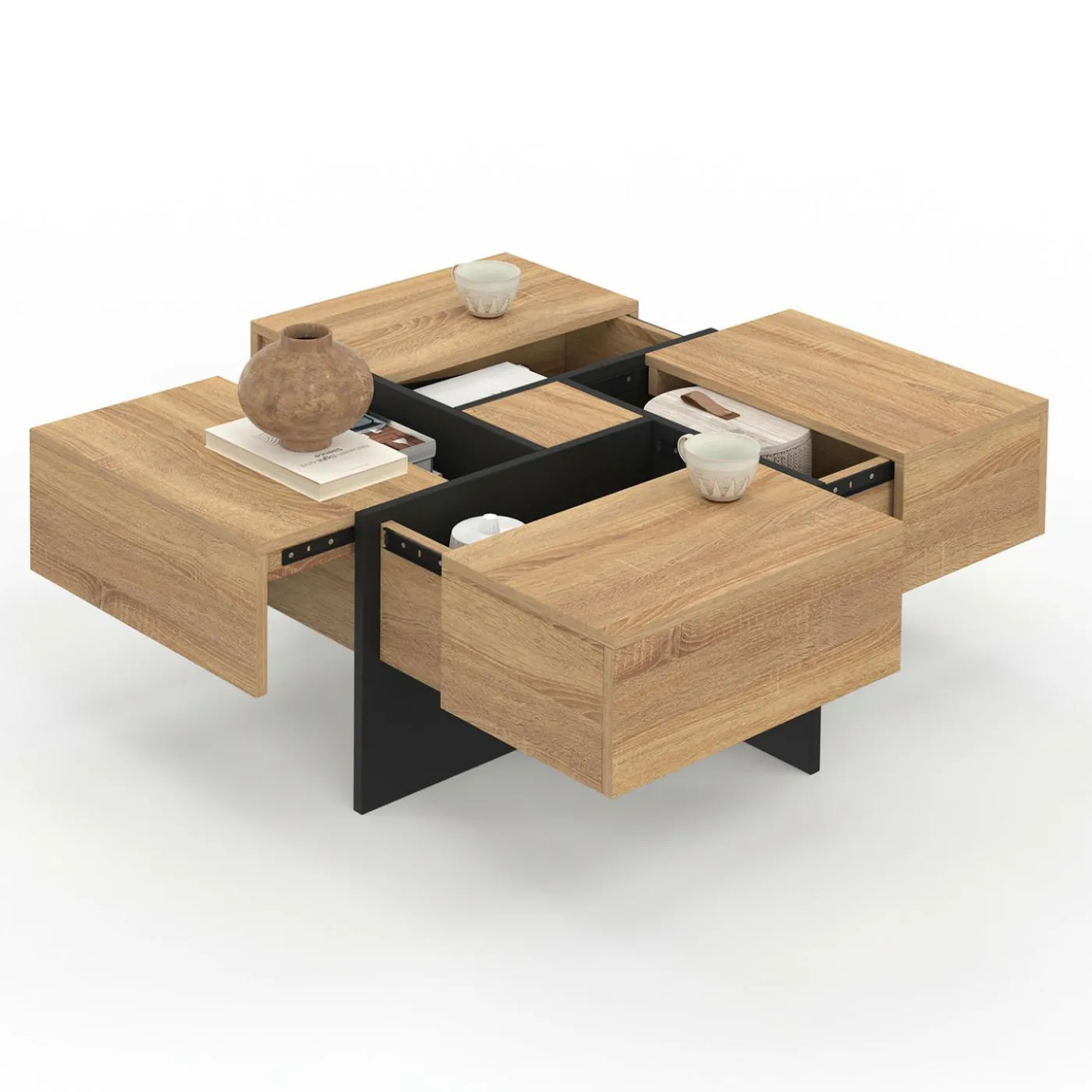 Table basse carrée tiroirs bois noir