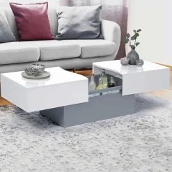 Table basse coulissante blanche et grise avec rangement mini bar intégré