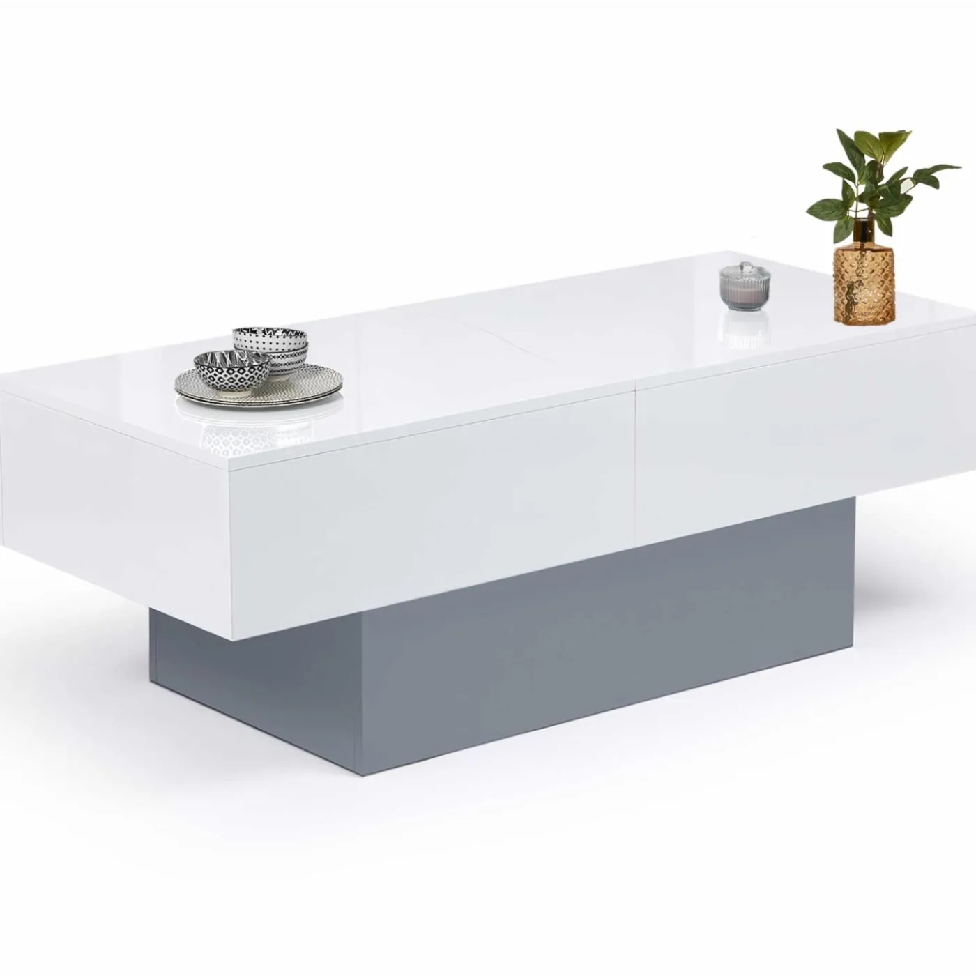 Table basse coulissante blanche et grise avec rangement mini bar intégré