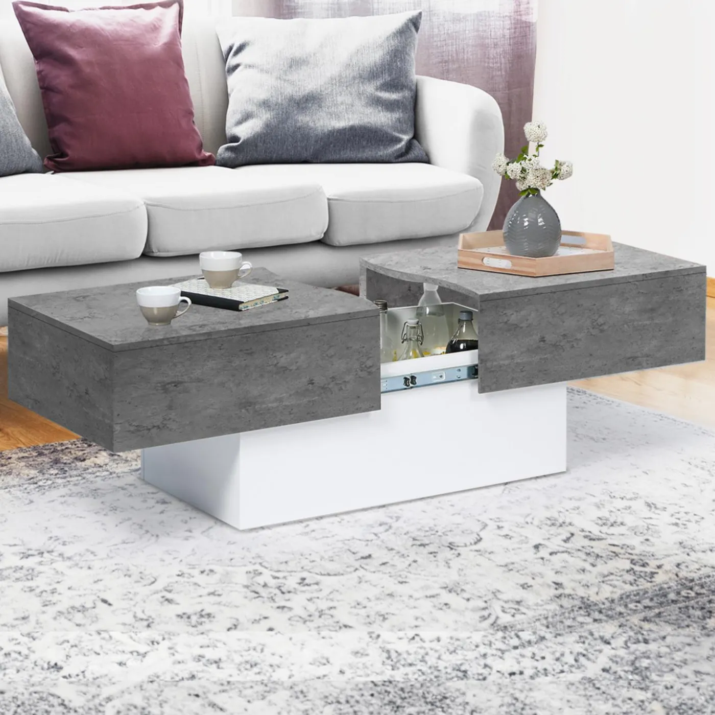 Table basse coulissante en bois blanc et plateau effet béton
