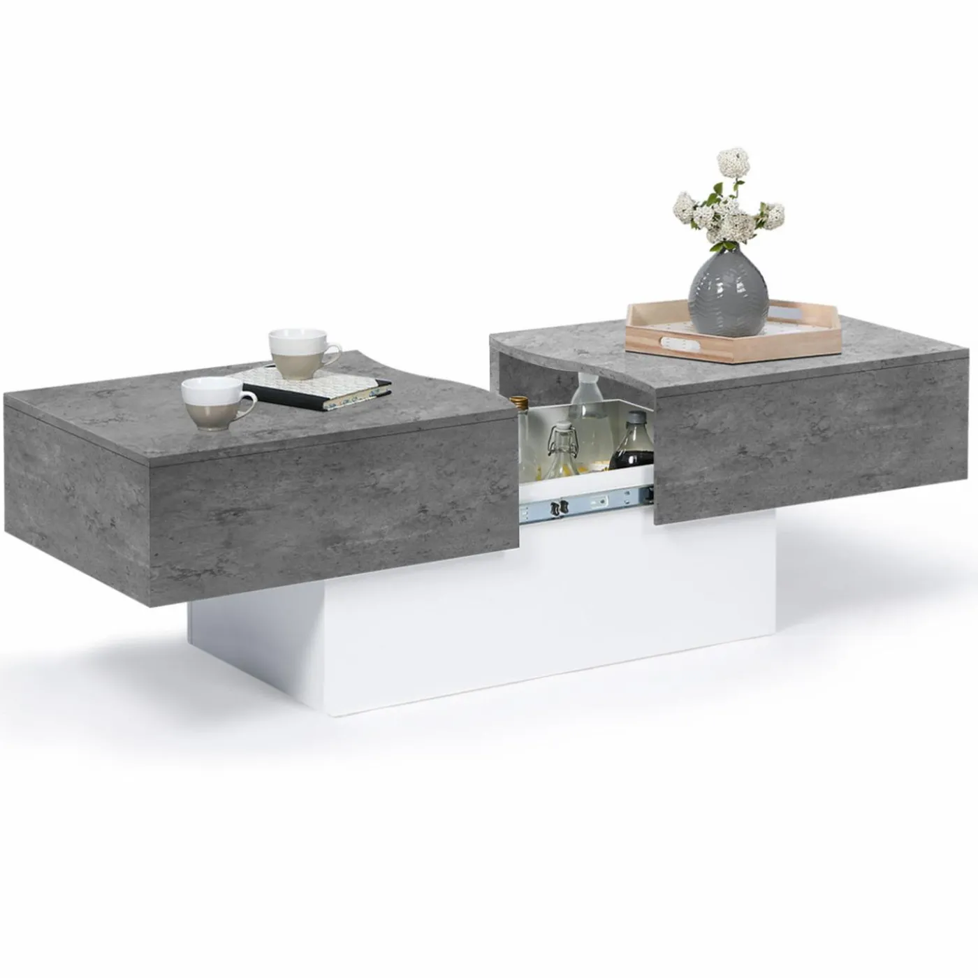Table basse coulissante en bois blanc et plateau effet béton