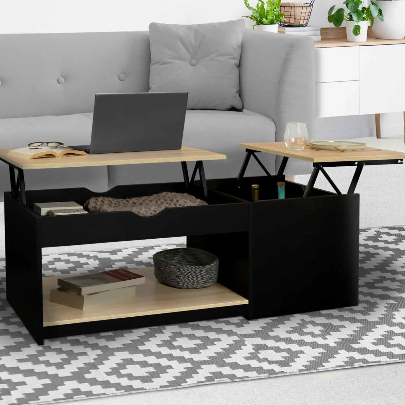Table basse double plateau relevable noir et bois