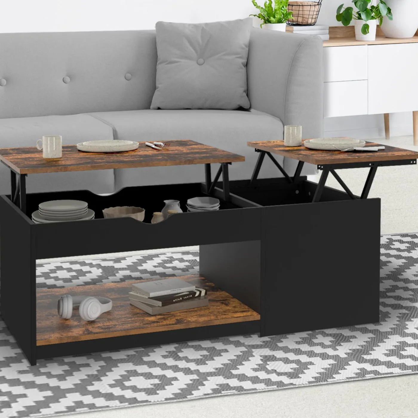 Table basse double plateau relevable bois foncé effet vieilli et noir avec coffre