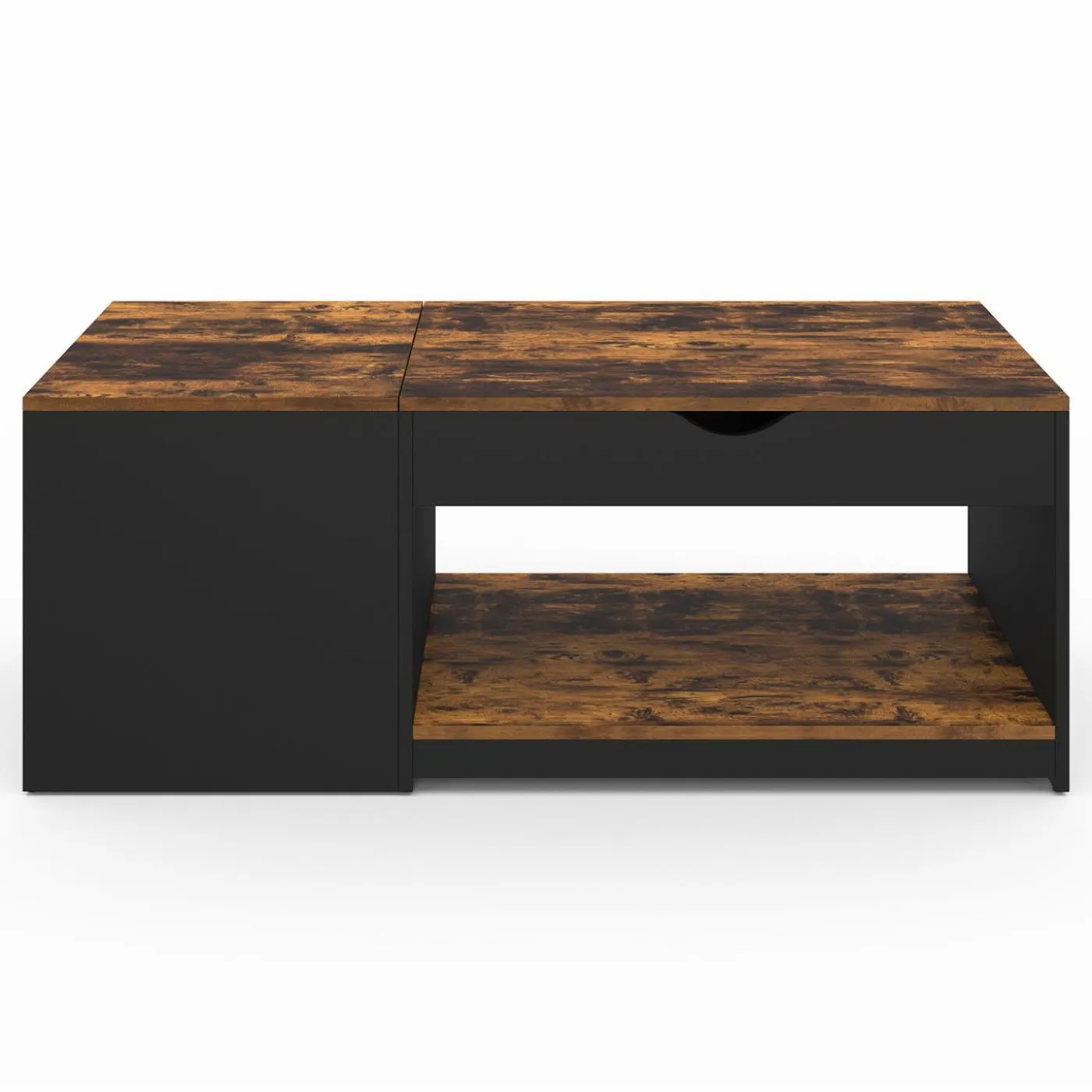 Table basse double plateau relevable bois foncé effet vieilli et noir avec coffre