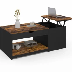Table basse double plateau relevable bois foncé effet vieilli et noir avec coffre