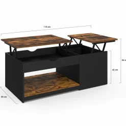 Table basse double plateau relevable bois foncé effet vieilli et noir avec coffre