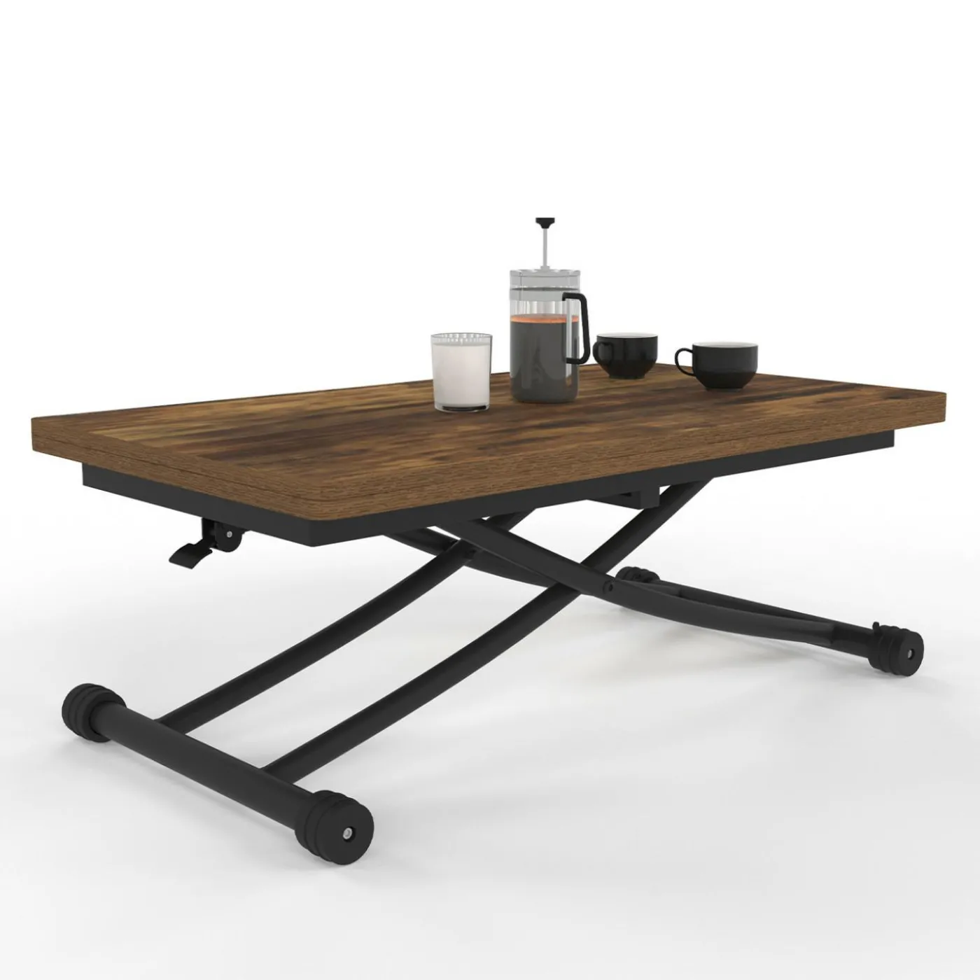 Table basse industrielle relevable bois foncé et noir