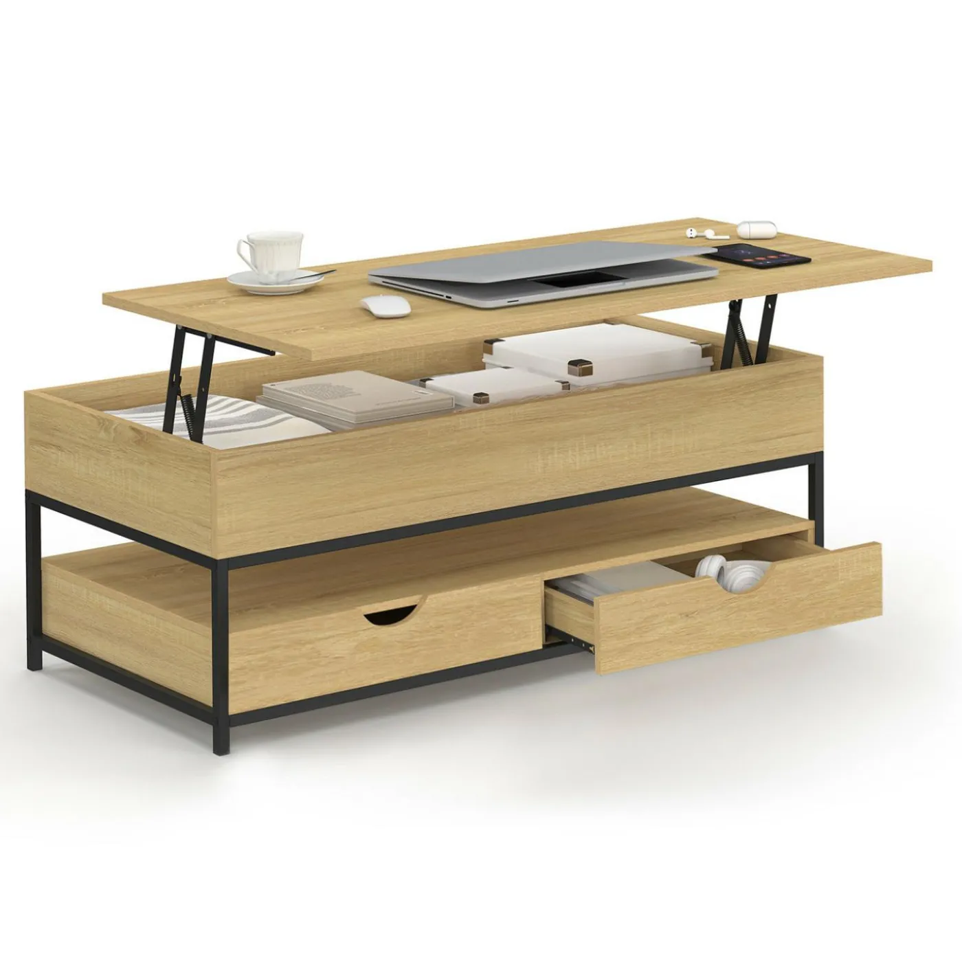 Table basse industrielle rectangulaire plateau relevable
