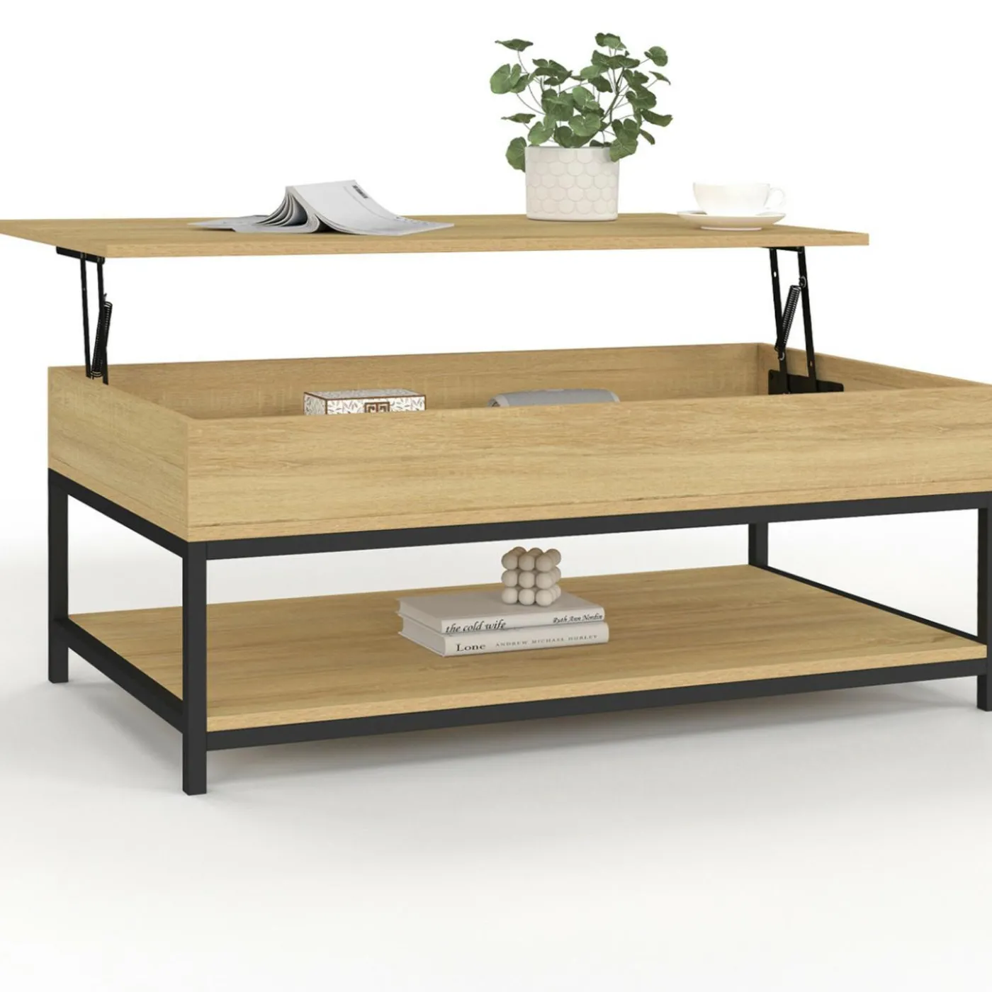 Table basse industrielle plateau relevable avec étagère