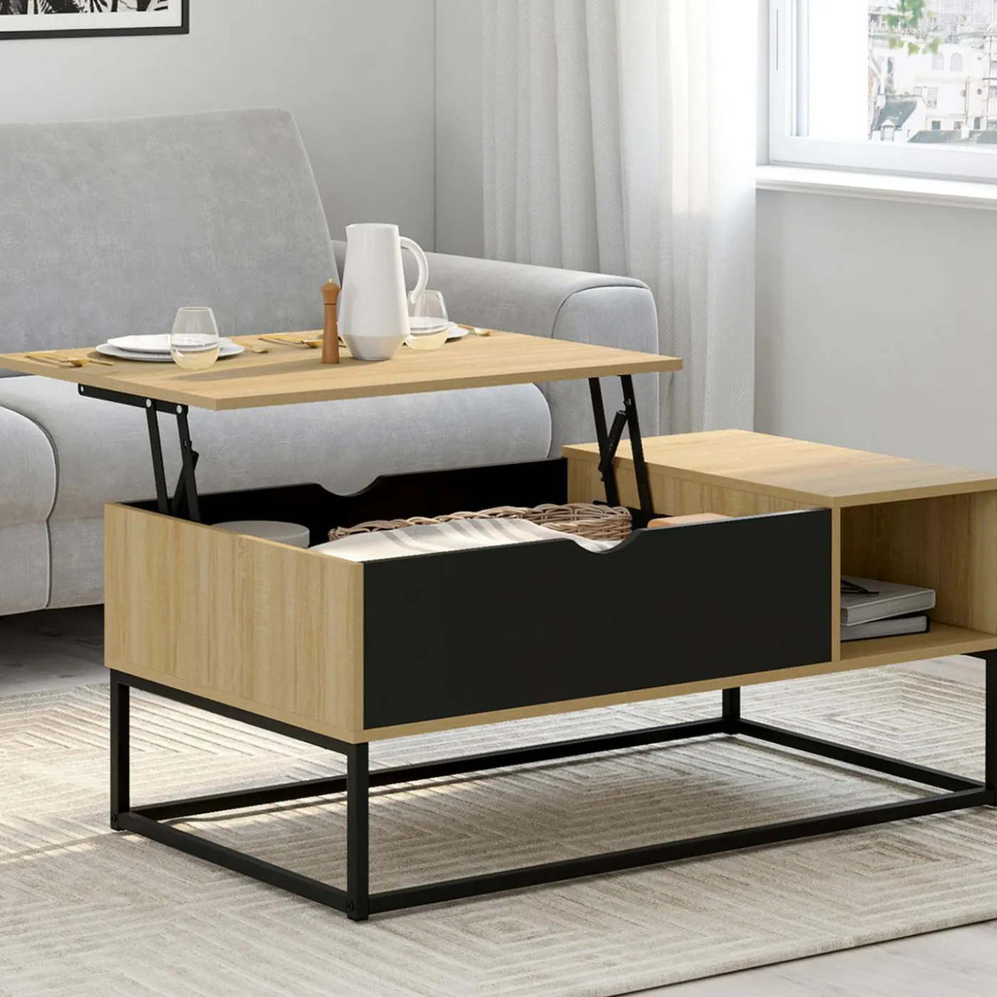 Table basse industrielle avec rangement et plateau relevable noir
