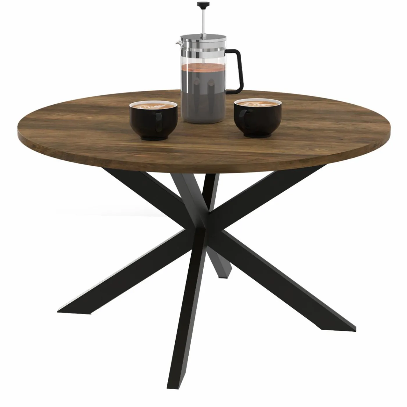 Table basse industrielle ronde 70 cm pied araignée noir bois foncé