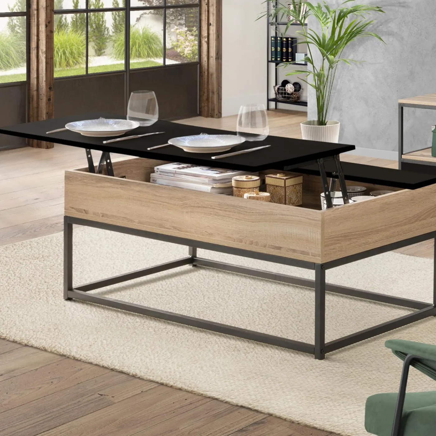 Table basse industrielle avec plateau relevable noir