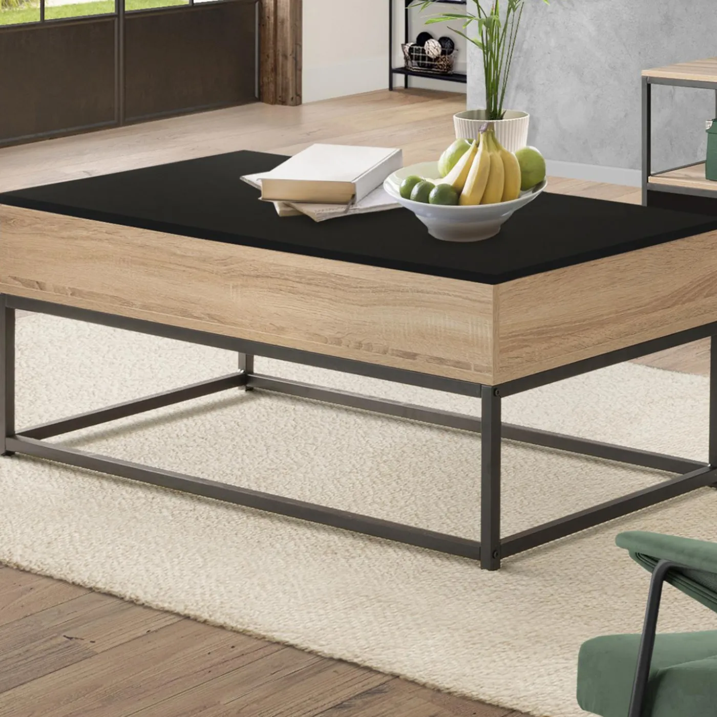 Table basse industrielle avec plateau relevable noir
