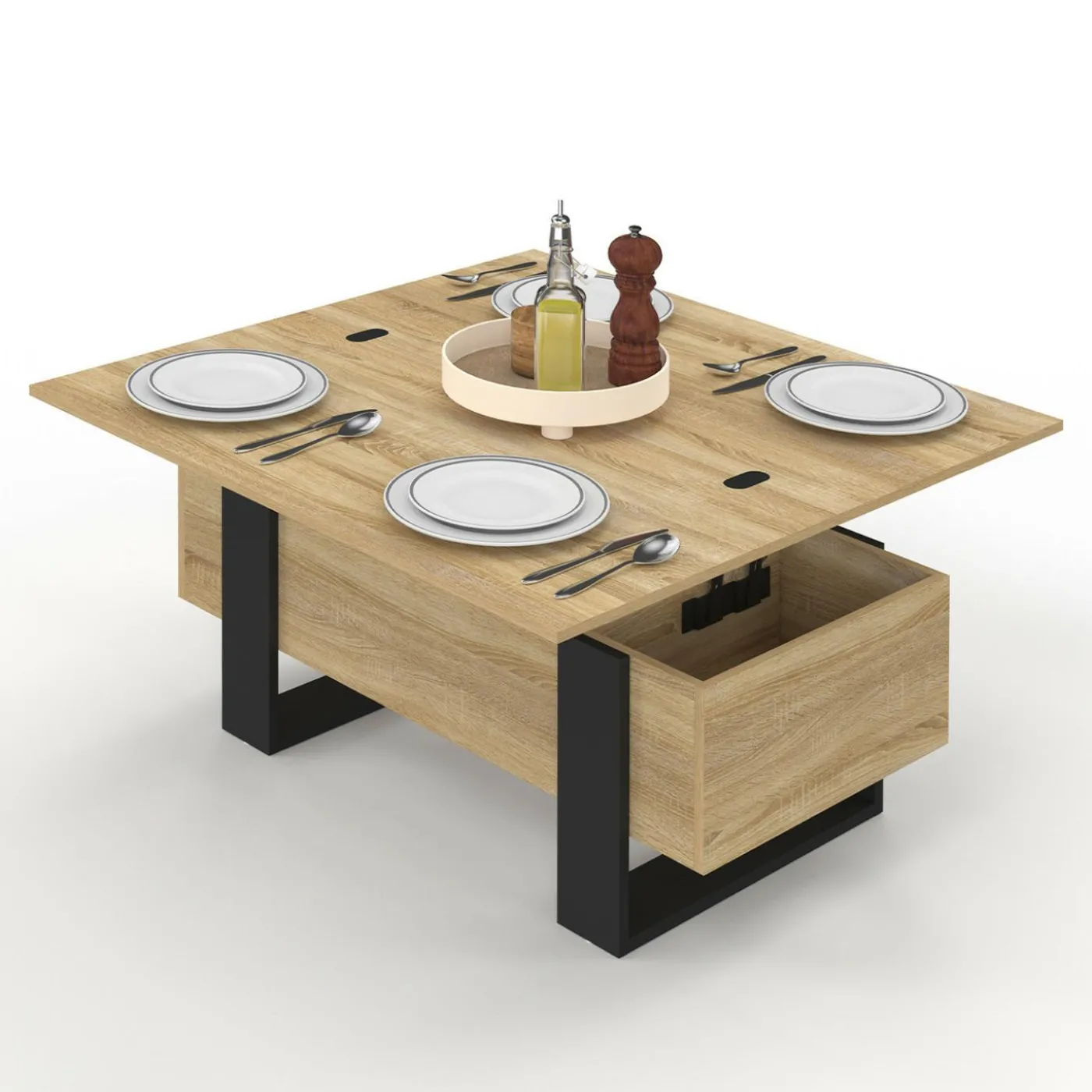 Table basse industrielle convertible en table à manger bois et noir