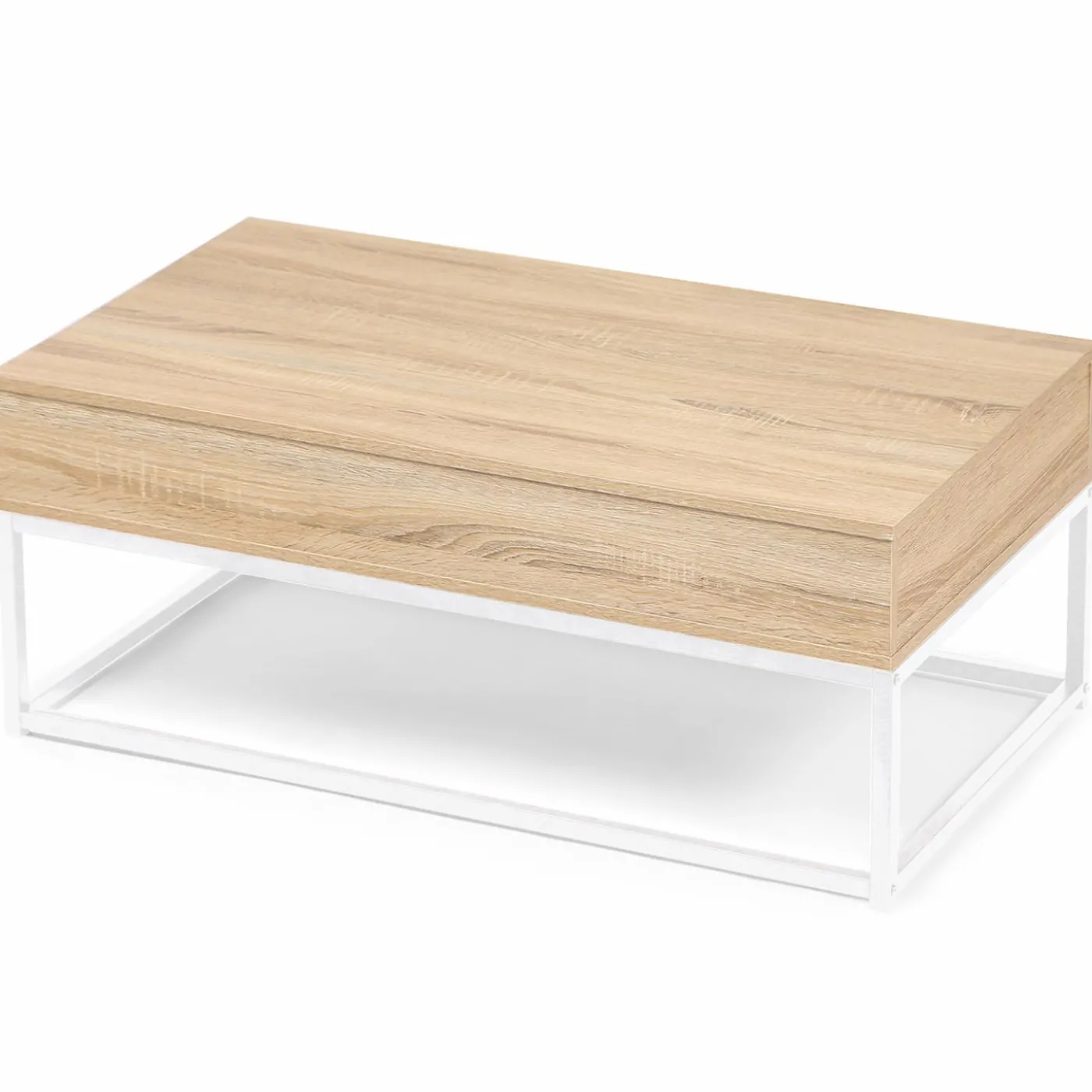 Table basse industrielle blanche et bois avec plateau relevable