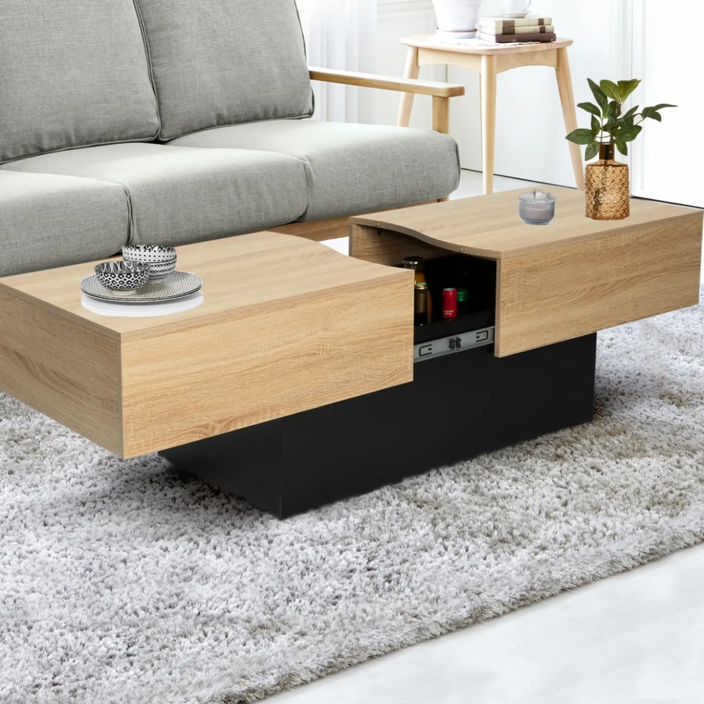Table basse moderne bicolore avec rangement mini bar intégré