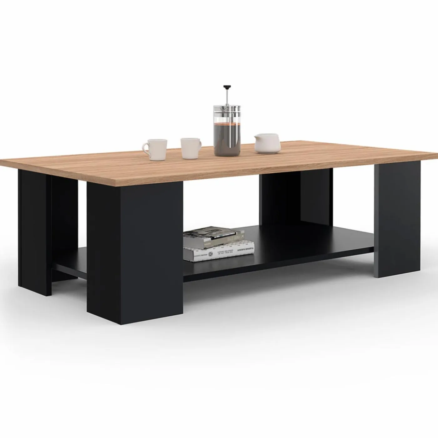 Table basse noire avec plateau façon hêtre rectangulaire