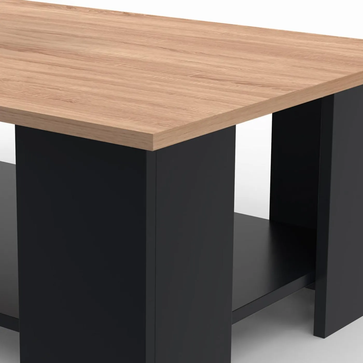 Table basse noire avec plateau façon hêtre rectangulaire