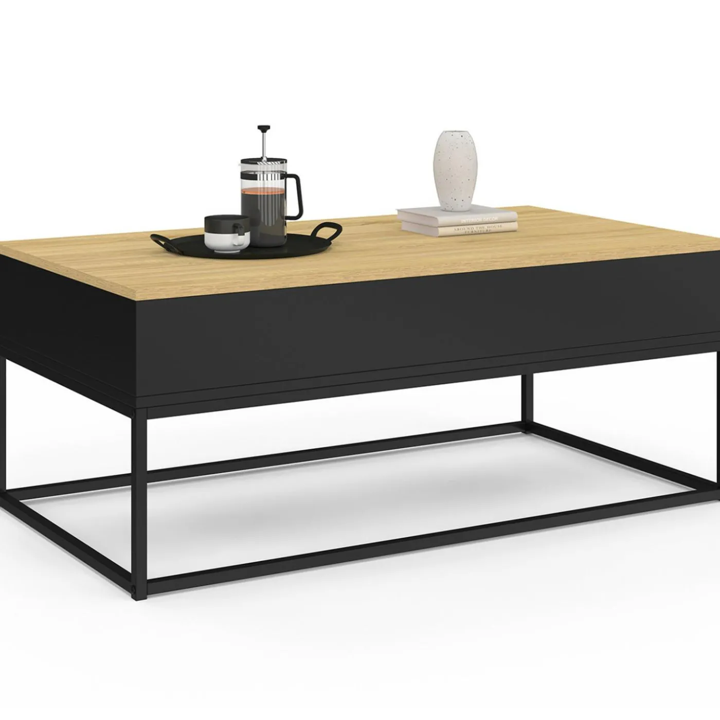 Table basse noire style industriel avec plateau relevable en bois façon hêtre