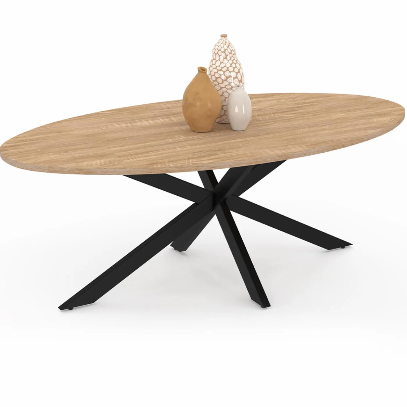 Table basse ovale bois et métal noir avec pied araignée