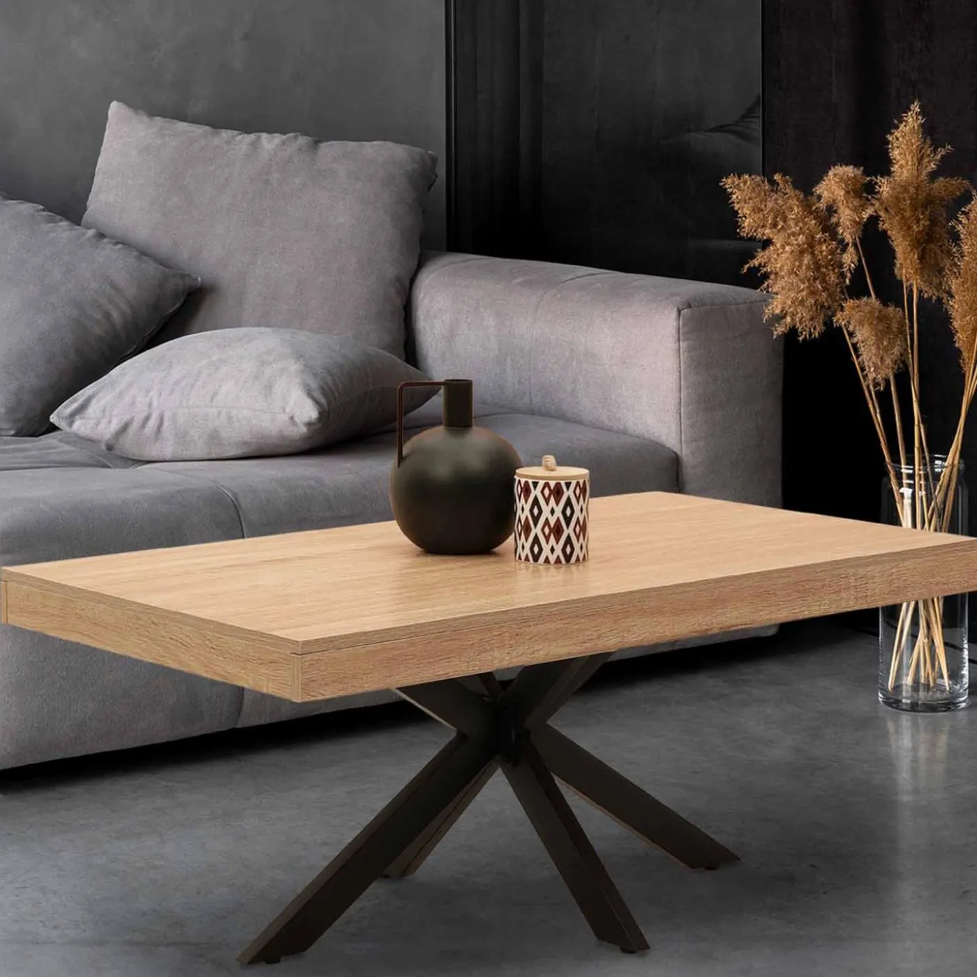 Table basse pied araignée bois et noir