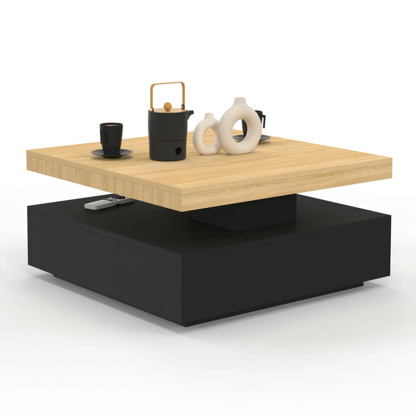Table basse pivotante carrée bois et noire