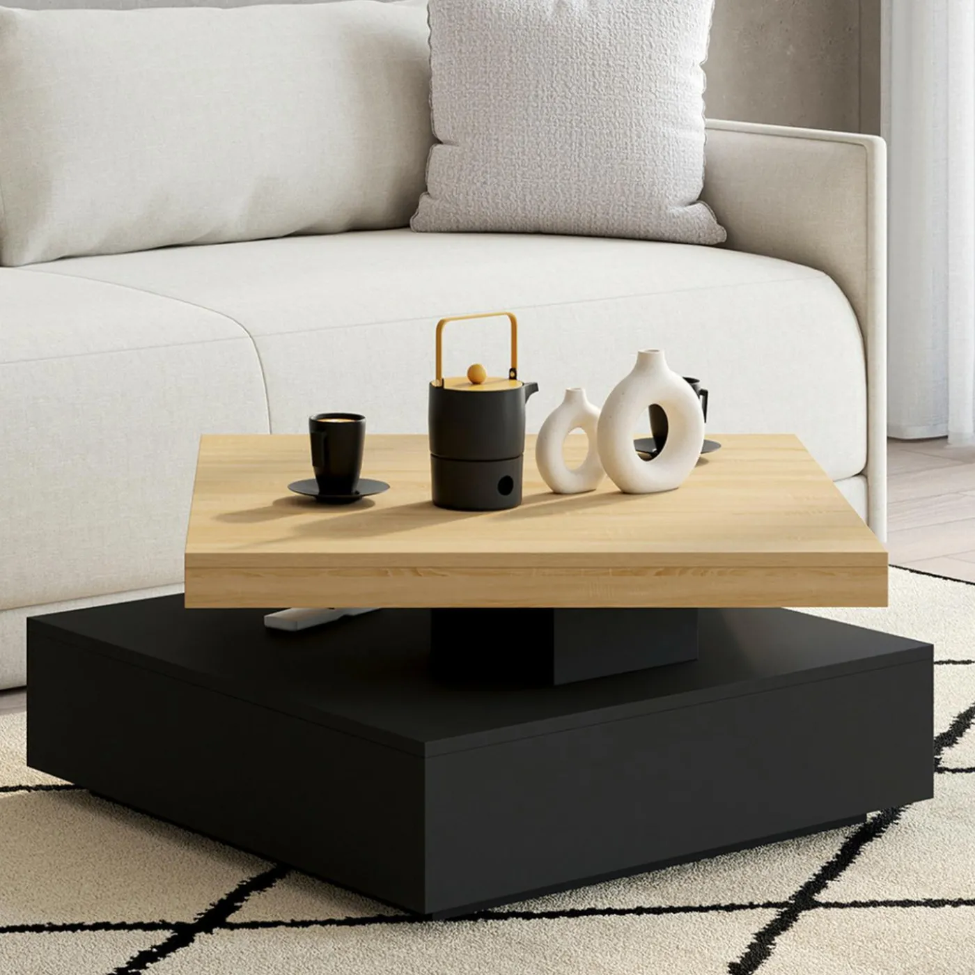 Table basse pivotante carrée bois et noire