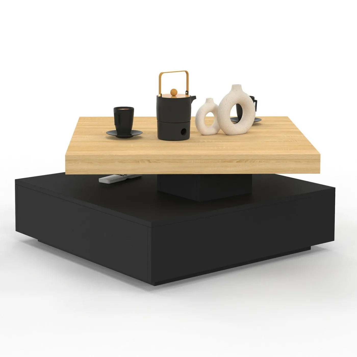 Table basse pivotante carrée bois et noire
