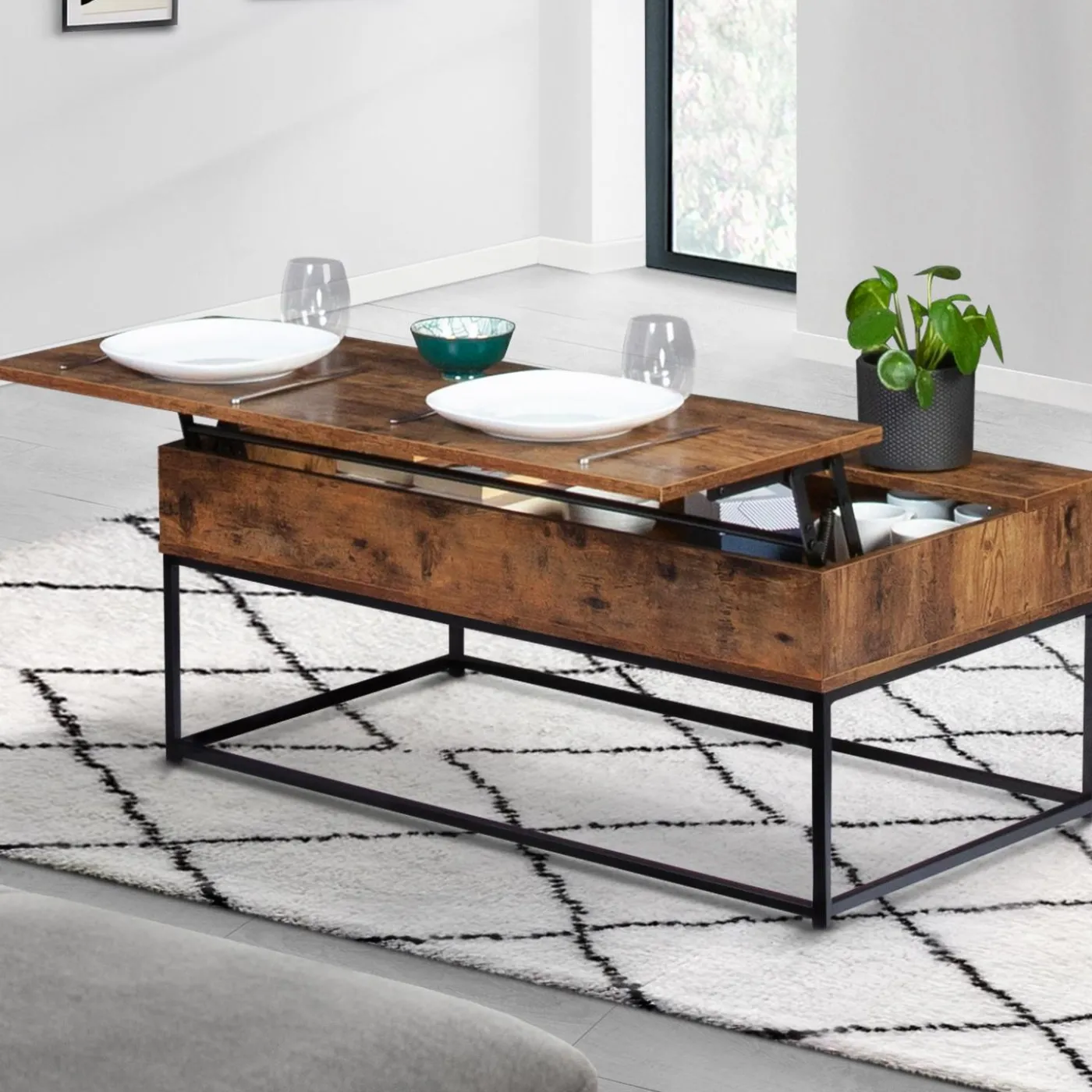 Table basse plateau relevable effet bois vieilli et pieds métal