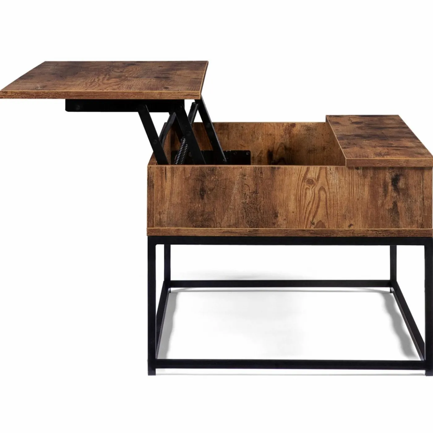 Table basse plateau relevable effet bois vieilli et pieds métal