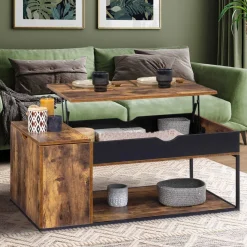 Table basse plateau relevable style industriel effet bois vieilli