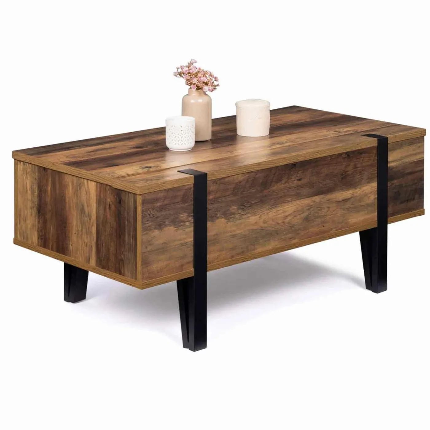 Table basse plateau relevable bois foncé pied épingle