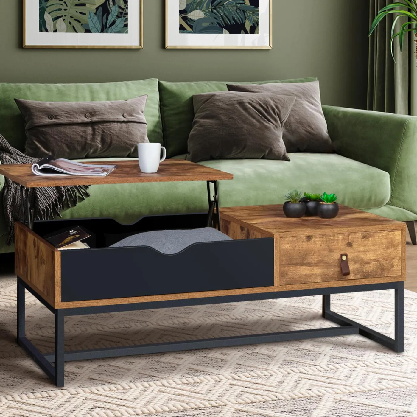 Table basse plateau relevable style industriel 1 tiroir