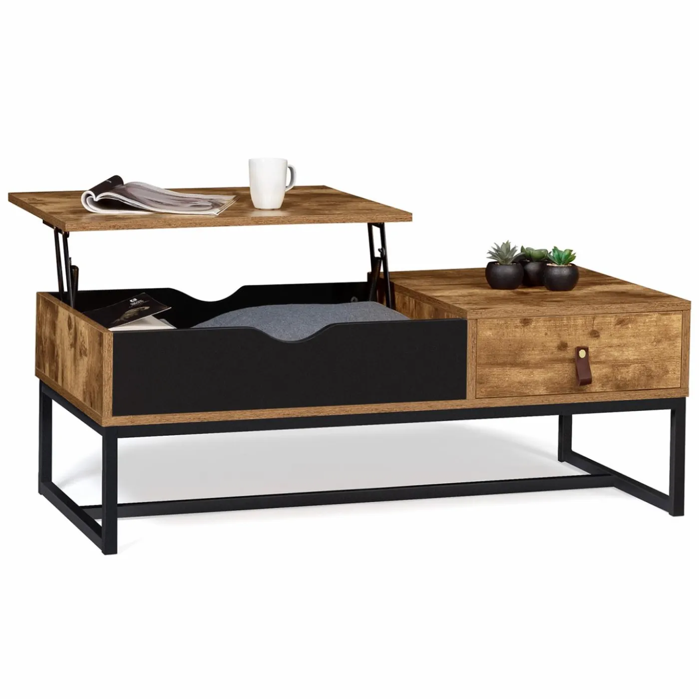 Table basse plateau relevable style industriel 1 tiroir
