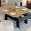 Table basse plateau relevable rectangulaire bois noir et imitation hêtre