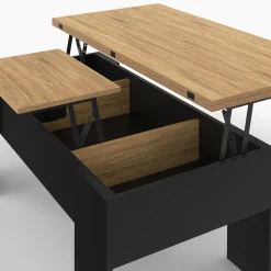 Table basse plateau relevable rectangulaire bois noir et imitation hêtre