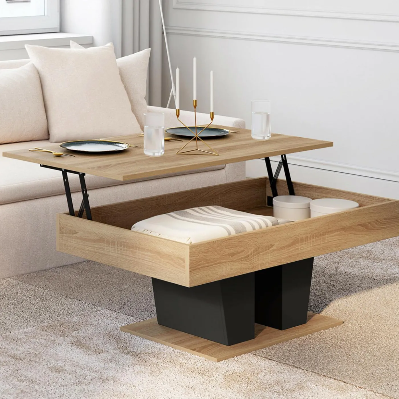 Table basse plateau relevable rectangulaire bois et noir