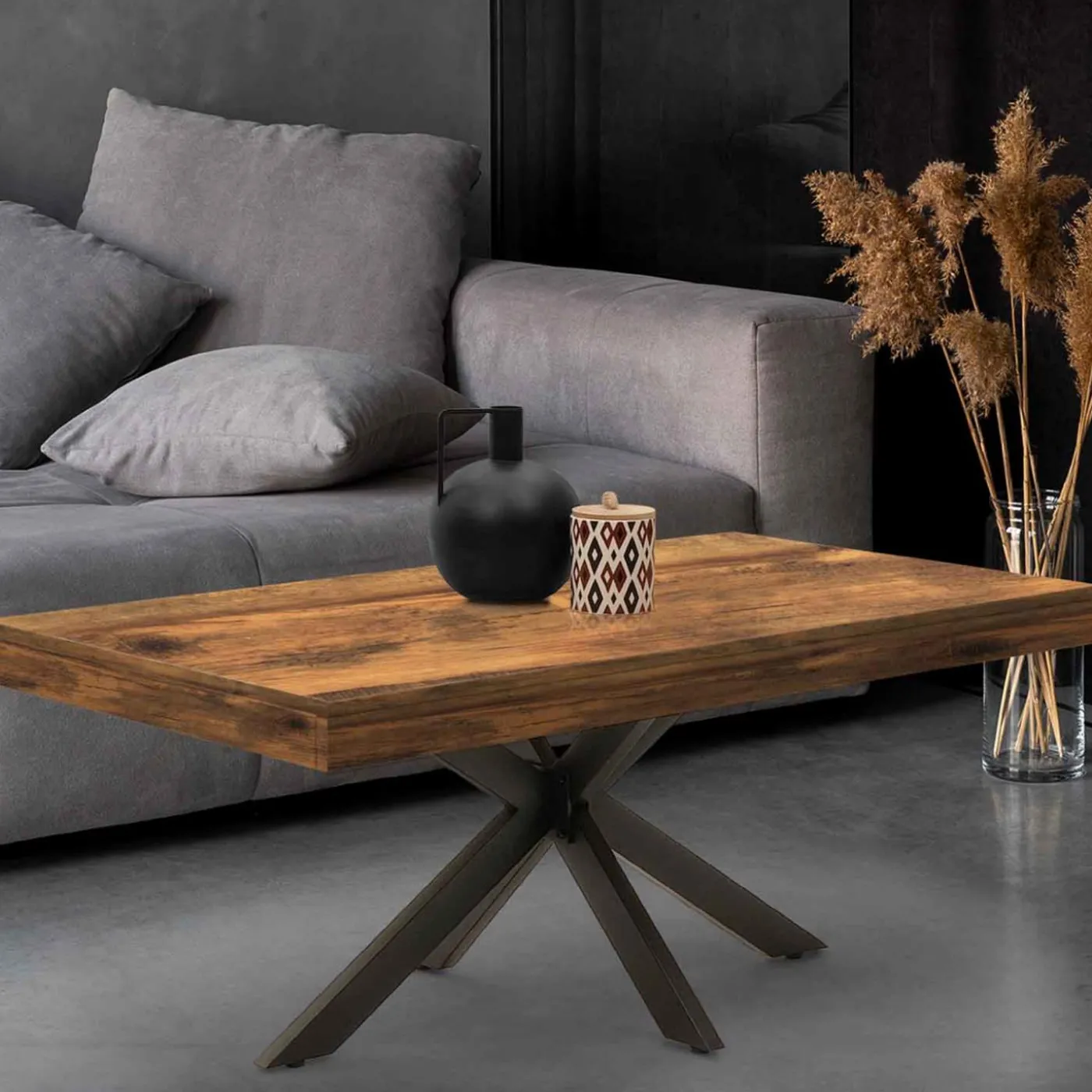 Table basse rectangle pied araignée bois foncé et noir